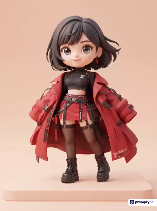 Gambar bergaya figurin 3D chibi ini menampilkan karakter wanita berambut pendek hitam dengan gaya busana *streetwear* taktis yang didominasi mantel merah cerah, atasan hitam, rok mini, dan sepatu bot tebal di atas podium krem, dengan kata kunci figurin 3D, chibi, *streetwear* taktis, merah, hitam, dan krem, serta tiga warna dominan yaitu merah, hitam, dan krem.