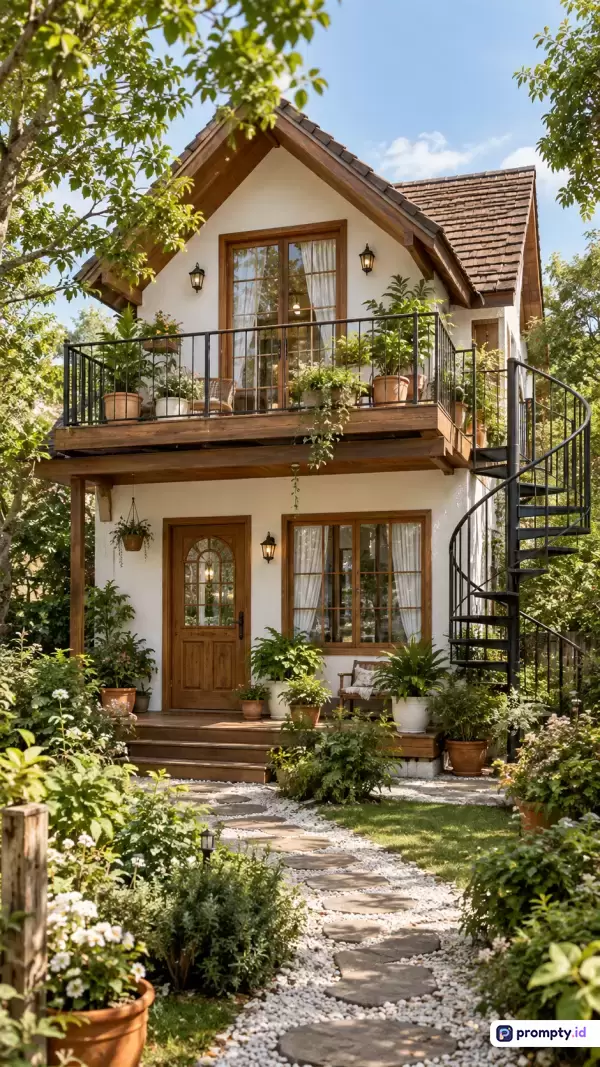 Gambar fotografi bergaya arsitektur pedesaan modern ini menampilkan rumah pondok dua lantai dengan dinding putih, aksen kayu cokelat, balkon penuh tanaman, dan tangga spiral hitam yang dikelilingi taman hijau subur dengan jalan setapak berbatu, serta mencakup tiga warna dominan yaitu hijau, putih, dan cokelat, dengan kata kunci pondok, arsitektur, pedesaan, tanaman, balkon, tangga spiral, dan taman.