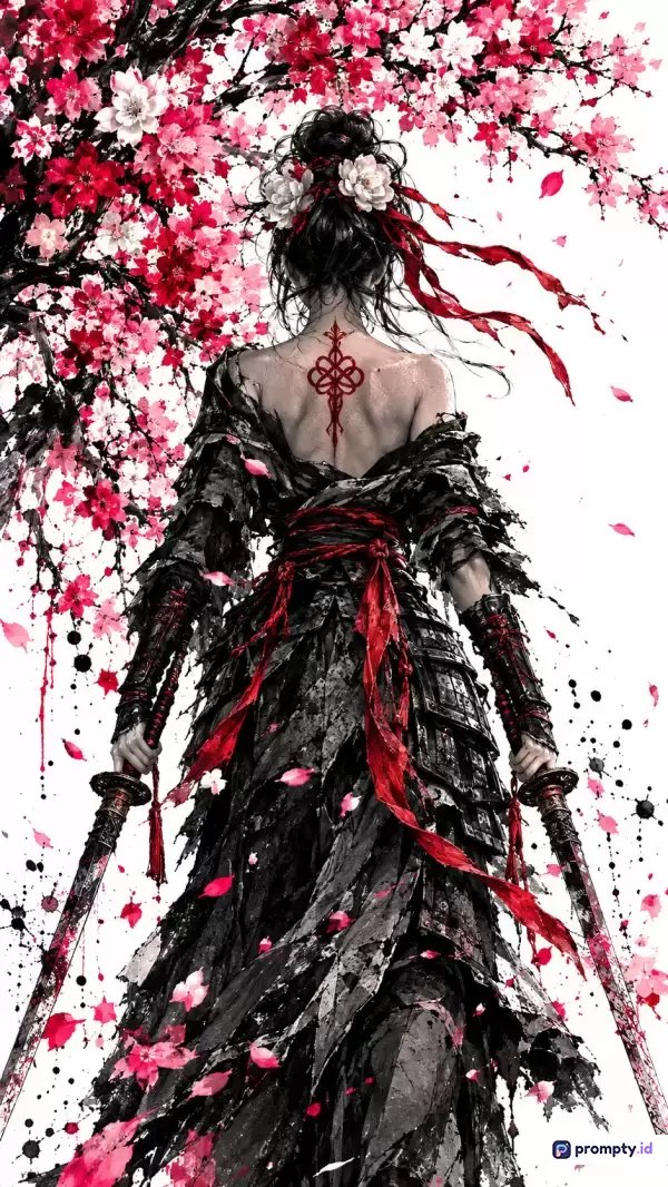 Gambar bergaya seni digital tinta dan cat air ini menampilkan konten wanita pendekar berambut sanggul dengan tato punggung dan kimono hitam beraksen pita merah sedang memegang dua pedang katana di bawah pohon sakura, dengan kata kunci pendekar wanita, samurai, katana, bunga sakura, dan tato punggung, serta didominasi oleh warna hitam, merah, dan putih.