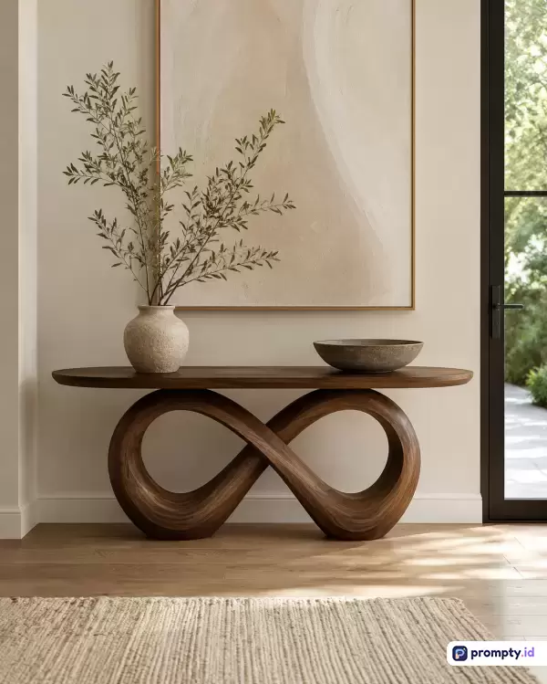 Gambar bergaya minimalis modern ini menampilkan konten dekorasi interior dengan meja konsol kayu unik berbentuk tak terhingga, vas berisi ranting zaitun, mangkuk batu, dan lukisan abstrak besar, yang menggunakan kata kunci desain interior, estetika minimalis, mebel kayu, dekorasi rumah, dan palet warna krem, cokelat kayu, serta putih gading.