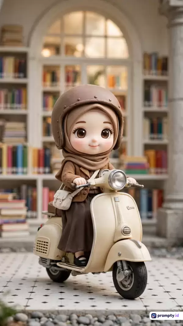 Gambar bergaya boneka 3D ini menampilkan karakter chibi wanita berhijab cokelat dan berhelm yang sedang mengendarai skuter klasik berwarna krem di depan latar perpustakaan klasik berpustaka buku, dengan kata kunci boneka hijab, skuter klasik, estetika perpustakaan, ilustrasi 3D, dan karakter chibi, serta didominasi oleh tiga warna utama yaitu cokelat, krem, dan putih.
