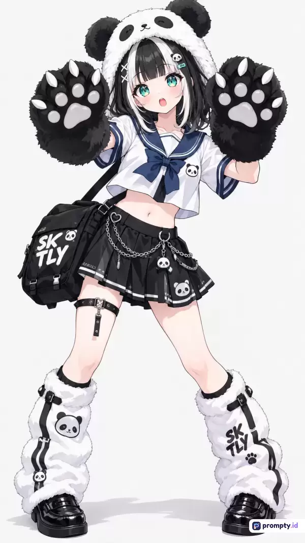 Gambar bergaya anime modern ini menampilkan konten karakter wanita muda berambut hitam-putih dengan kostum tema panda lucu yang mencakup sarung tangan cakar dan tas ransel, menggunakan kata kunci anime, gadis panda, fashion kawaii, dan sekolah, didominasi oleh warna putih, hitam, dan biru tua.