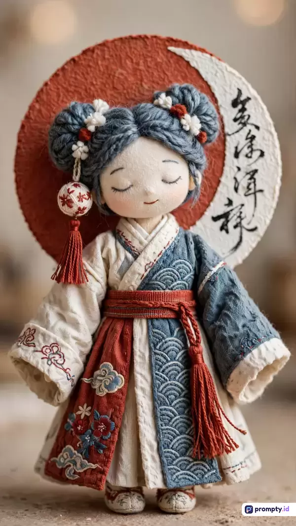 Gambar berformat vertikal dengan gaya fotografi produk bergaya *close-up* ini menampilkan boneka buatan tangan bertema tradisional Asia Timur yang mengenakan pakaian kain bertekstur rumit dengan latar belakang hiasan dinding berbentuk bulan sabit dan matahari merah berpola kaligrafi, serta didominasi oleh palet warna merah bata, abu-abu tua, dan putih krem dengan kata kunci boneka tradisional, kerajinan tangan, estetika Asia, kostum oriental, dan dekorasi artistik.