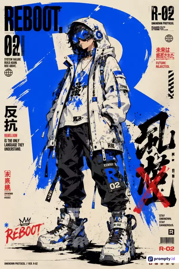Gambar ber-style ilustrasi anime cyberpunk modern ini menampilkan konten karakter remaja bergaya techwear dengan latar belakang tipografi futuristik, menggunakan palet warna dominan biru, putih, dan hitam, serta kata kunci reboot, pemberontakan, fiksi ilmiah, pakaian jalanan, dan estetika distopia.