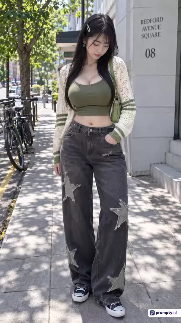Gambar gaya fotografi jalanan realistis ini menampilkan seorang wanita muda berambut panjang berdiri di trotoar perkotaan dekat bangunan beraksen teks BEDFORD AVENUE SQUARE 08, mengenakan crop top hijau zaitun, kardigan rajut putih, dan celana jeans hitam longgar bermotif bintang dengan kata kunci mode, jalanan, gaya, kasual, dan perkotaan, serta didominasi oleh tiga warna utama yaitu hijau zaitun, putih, dan hitam.