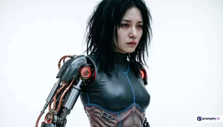 Gambar bergaya sinematik fiksi ilmiah ini menampilkan karakter cyborg wanita berambut hitam acak-acakan dengan lengan mekanik canggih bersistem roda gigi dan kabel tembaga, mengenakan pakaian ketat futuristik, dengan kata kunci utama cyborg wanita, fiksi ilmiah, futuristik, lengan robot, dan cyberpunk, serta didominasi oleh warna hitam, abu-abu logam, dan putih.
