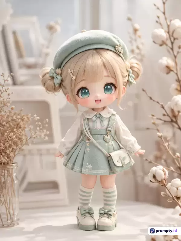 Gambar dengan gaya digital 3D chibi yang menggemaskan ini menampilkan konten boneka perempuan berambut pirang dengan mata hijau besar mengenakan pakaian serba hijau sage dan putih dihiasi aksesori pita, serta dikelilingi dekorasi bunga kapas dan kapas kering dalam ruangan berlatar estetik, dengan kata kunci boneka 3D, gaya chibi, estetika hijau sage, dan dekorasi kapas, didominasi oleh warna hijau sage, putih krem, dan cokelat muda.