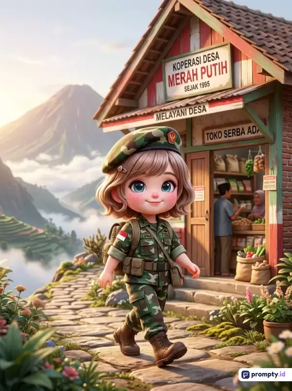 Gambar bergenre animasi 3D gaya *chibi* ini menampilkan konten seorang anak perempuan berseragam loreng TNI lengkap dengan baret dan ransel yang berjalan ceria di jalan setapak berbatu dengan latar pemandangan pegunungan berkabut yang asri serta sebuah koperasi desa tradisional, menggunakan palet warna dominan hijau militer, cokelat tanah, dan merah bata, serta memiliki kata kunci metadata: tentara cilik, animasi 3D, desa Indonesia, pegunungan, koperasi merah putih, kawaii, dan pemandangan alam.
