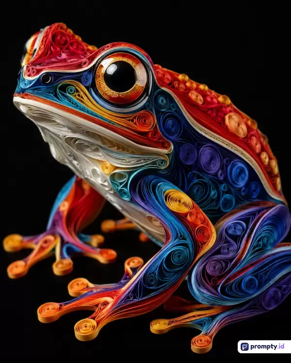 Gambar bergaya seni kriya kertas quilling beresolusi tinggi ini menampilkan seekor katak berwarna-warni yang sangat detail dengan latar belakang hitam polos, menggunakan kata kunci seni quilling, patung kertas, katak warna-warni, tekstur gulungan kertas, dan kerajinan tangan, dengan palet tiga warna dominan yaitu merah menyala, biru tua, dan jingga cerah.