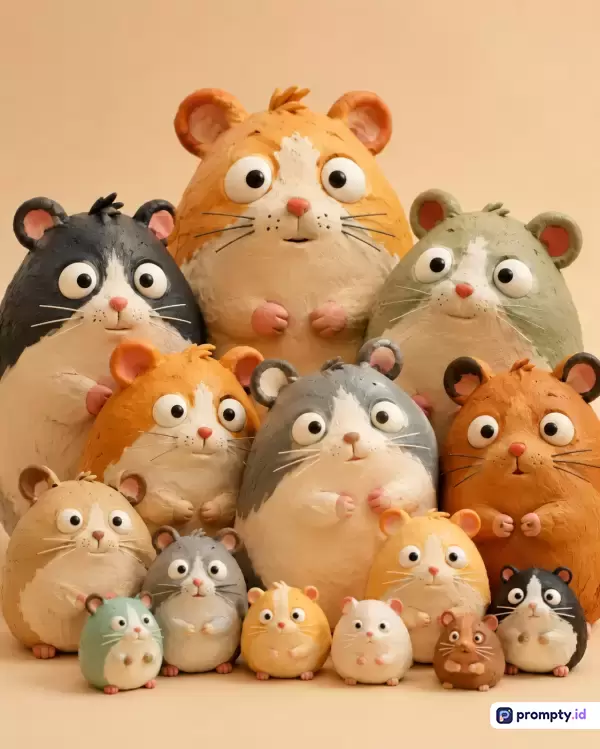 Gambar ini menampilkan seni pahat tanah liat (clay sculpture) dengan gaya ilustrasi 3D yang menggemaskan, berisi sekelompok patung hamster berbagai ukuran dengan ekspresi lucu bermata bulat, menggunakan palet warna pastel hangat seperti oranye, abu-abu, hitam, dan krem, berlatar belakang polos, dengan kata kunci hamster, tanah liat, lucu, patung, seni 3D, dan pastel.