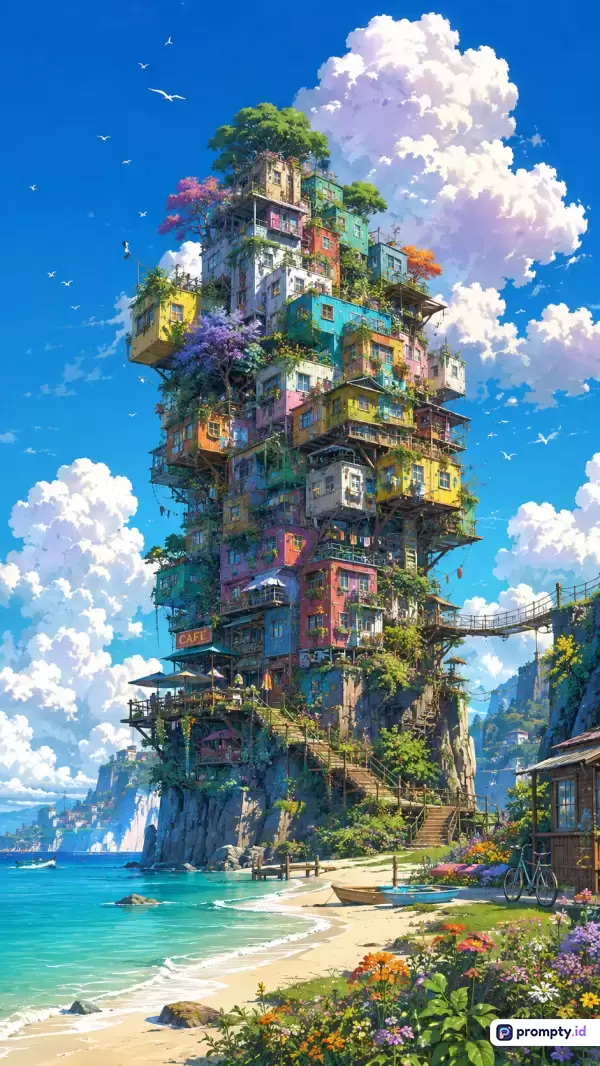 Gambar bergaya ilustrasi digital anime fantasi ini menampilkan sebuah menara kota vertikal warna-warni yang dibangun di atas tebing tepi laut dengan latar langit biru berawan, dengan kata kunci menara vertikal, kota pantai, fantasi, arsitektur bertingkat, dan estetika Ghibli, serta didominasi oleh warna biru, hijau, dan kuning.