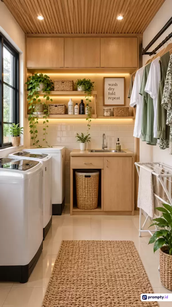 Gambar ini menampilkan desain interior ruang cuci modern yang estetis dengan gaya Skandinavia-Jepang (Japandi) yang didominasi oleh konten fungsional seperti mesin cuci, wastafel, rak kayu, gantungan baju, dan dekorasi tanaman hias rambat, serta menggunakan kata kunci ruang cuci, minimalis, kayu alami, dan interior estetik, dengan tiga warna dominan yaitu cokelat kayu, putih bersih, dan hijau daun, serta disajikan dalam gaya fotografi arsitektural yang terang, rapi, dan hangat.