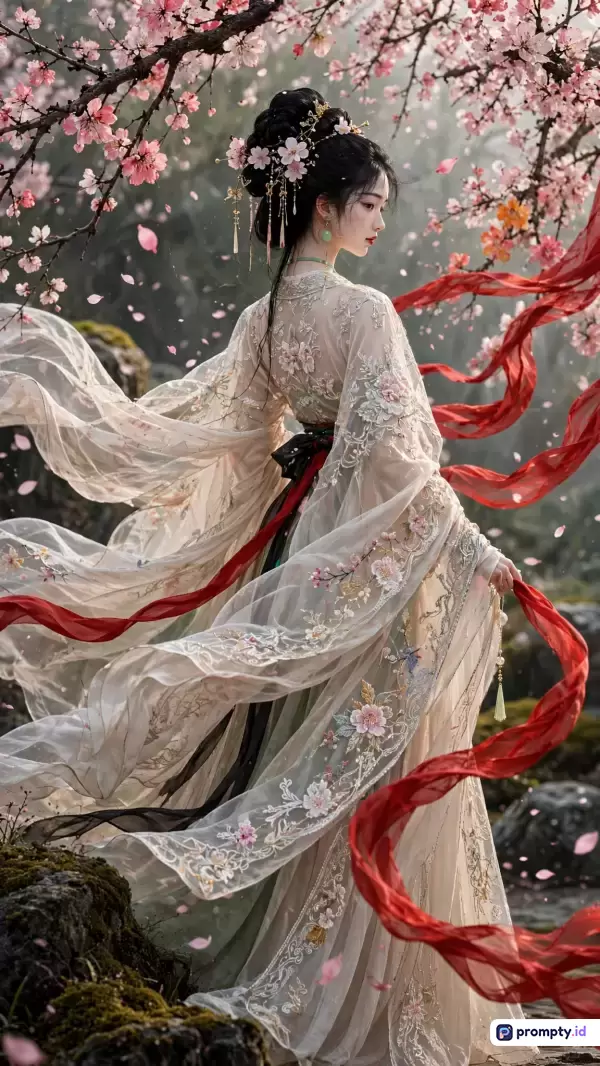 Gambar bergaya seni digital fantasi historis ini menampilkan seorang wanita Tiongkok berbusana Hanfu transparan dengan hiasan bunga sakura, pita merah, dan latar belakang alam berkabut yang didominasi oleh palet warna krem lembut, merah menyala, serta hijau zaitun, dengan kata kunci wanita Tiongkok, Hanfu tradisional, bunga sakura, fantasi mistis, dan jubah mengalir.
