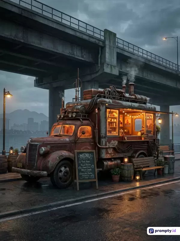 Gambar sinematik bergaya fotorealistik dengan sentuhan steampunk ini menampilkan truk makanan retro berkarat yang bernuansa hangat di bawah jembatan beton bertingkat kota pada senja yang mendung, dengan kata kunci truk makanan, steampunk, retro, jembatan, senja, dan pencahayaan hangat, didominasi warna abu-abu gelap, cokelat karat, dan jingga lembut.