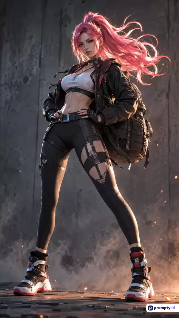 Gambar digital bergaya seni anime modern ini menampilkan konten karakter wanita tangguh berambut merah muda dengan pose percaya diri, mengenakan pakaian taktis hitam dan putih berlatar dinding beton berasap, serta memiliki tiga warna dominan yaitu hitam, abu-abu, dan merah muda, dengan kata kunci: wanita, cyberpunk, aksi, tangguh, dan fiksi ilmiah.