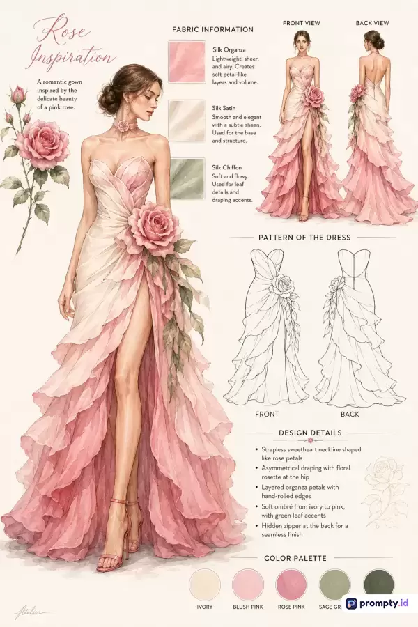 Gambar bergaya ilustrasi digital mode ini menampilkan lembar konsep desain gaun malam romantis bertema bunga mawar dengan konten berupa sketsa gaun, informasi bahan, palet warna, dan detail desain, menggunakan kata kunci seperti ilustrasi mode, gaun mawar, desain busana, sketsa gaun, dan estetika feminin, dengan tiga warna dominan yaitu merah muda, gading, dan hijau sage.