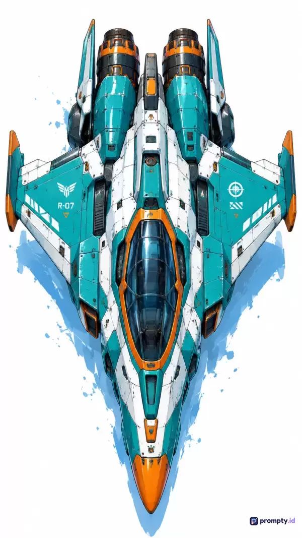 Gambar digital bertema fiksi ilmiah ini menampilkan ilustrasi pesawat tempur luar angkasa berdesain futuristik dengan gaya seni konsep mekanis modern yang berisi konten kapal antariksa berkokpit kaca, memiliki kata kunci pesawat, luar angkasa, fiksi ilmiah, futuristik, dan mekanis, serta didominasi oleh palet warna pirus (teal), putih, dan jingga (oranye).