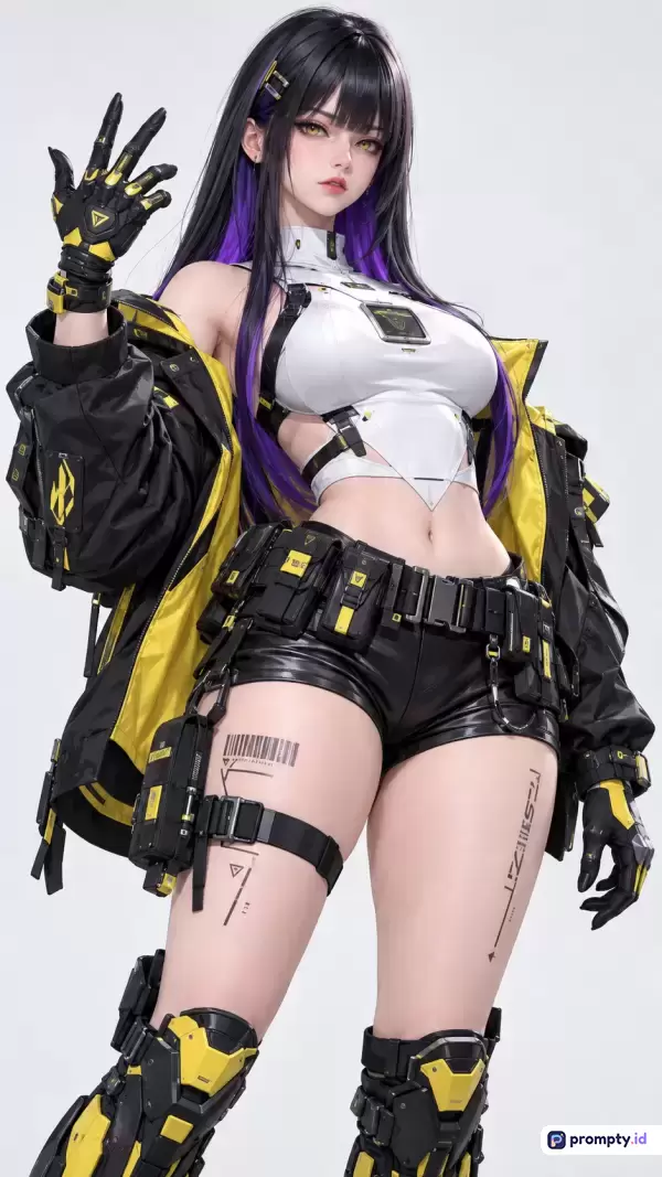 Gambar bergaya digital art anime modern ini menampilkan konten karakter wanita bergaya cyberpunk dengan pakaian taktis futuristik, yang diidentifikasi melalui kata kunci wanita, anime, cyberpunk, sci-fi, dan taktis, didominasi oleh warna hitam, putih, dan kuning.