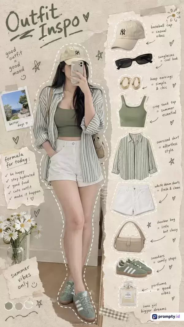 Gambar kolase estetis bergaya *scrapbook* dan *mood board* ini menampilkan panduan inspirasi busana musim panas kasual dengan konten yang memperlihatkan model wanita mengenakan pakaian hijau sage dan putih, disertai rincian item fashion terpisah, didominasi oleh warna krem, hijau sage, dan putih, dengan kata kunci inspirasi pakaian, gaya kasual, *summer vibes*, busana wanita, dan estetika.