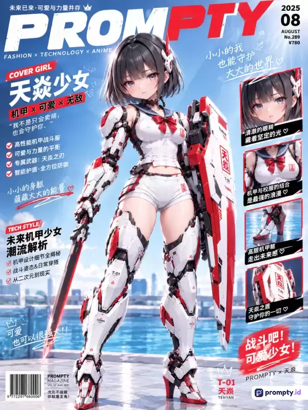 Gambar bergaya ilustrasi anime digital futuristik ini menampilkan sampul majalah fiktif bertema teknologi dan fesyen dengan konten seorang gadis berambut hitam pendek yang mengenakan seragam pelaut termodifikasi dan baju zirah mekanis putih-merah, dilengkapi kata kunci gadis mecha, anime sci-fi, majalah futuristik, armor tempur, estetika cyberpunk, serta didominasi oleh tiga warna utama yaitu putih, merah, dan biru.