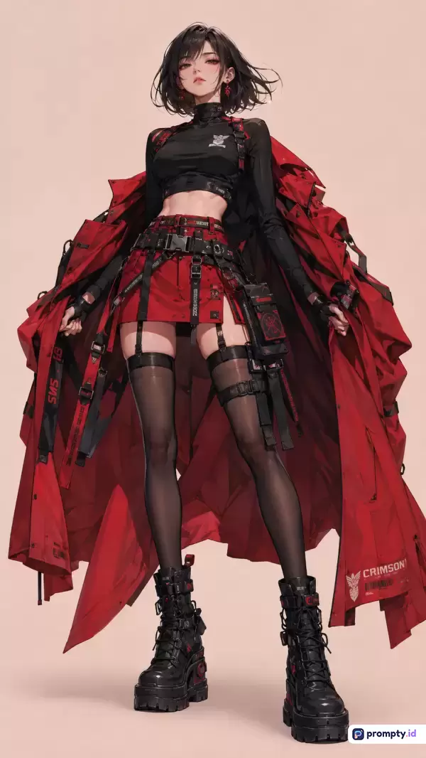 Gambar bergaya ilustrasi digital anime modern ini menampilkan seorang gadis berambut pendek dengan pakaian taktis berwarna hitam dan merah, menggunakan kata kunci seperti anime, cyberpunk, fashion, gadis futuristik, dan streetwear, dengan warna dominan merah, hitam, dan krem.
