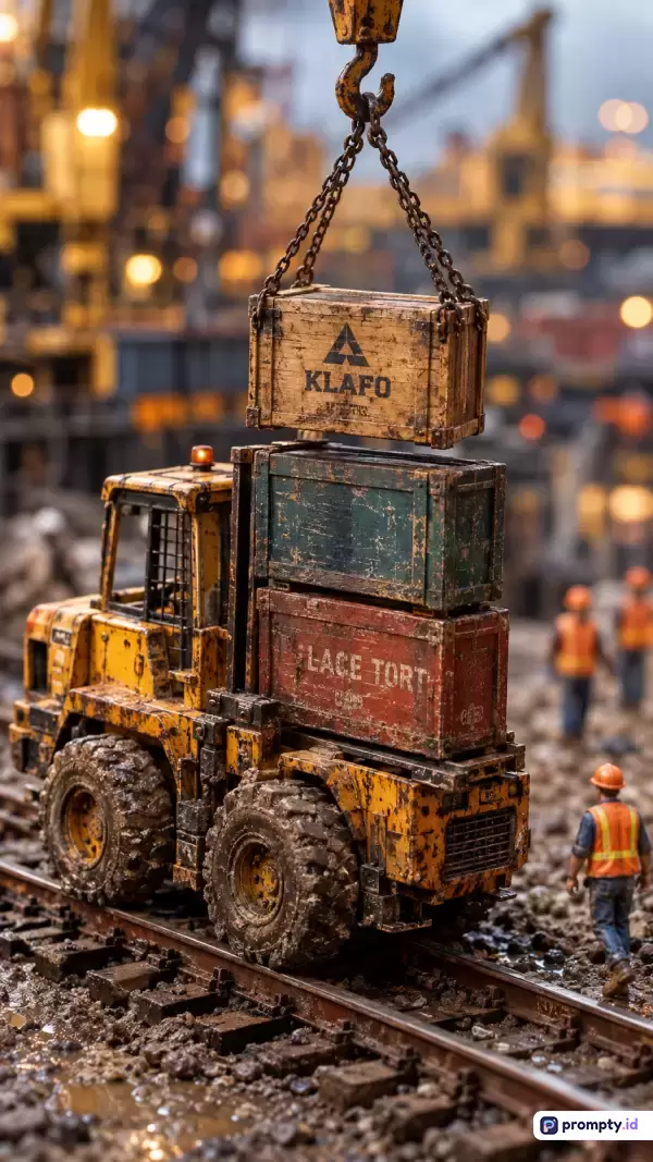 Gambar bergaya fotografi diorama miniatur ini menampilkan suasana pelabuhan atau lokasi konstruksi berlumpur dengan fokus utama pada truk berat berwarna kuning berlumpur yang membawa kontainer bertumpuk, sementara derek di atasnya mengangkat kontainer berlogo KLAFO dan pekerja minatur terlihat di latar belakang, dengan kata kunci kontainer, truk, derek, miniatur, pelabuhan, konstruksi, dan warna dominan kuning, hijau tua, serta cokelat karat.