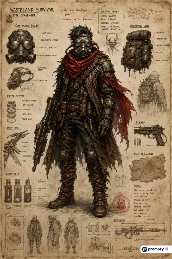 Gambar digital bergaya ilustrasi konsep seni *post-apocalyptic* ini menampilkan karakter penyintas gurun pasir yang dikelilingi oleh sketsa teknis dan catatan inventaris senjata serta peralatan bertahan hidup dengan palet warna dominan cokelat tua, merah tua, dan abu-abu gelap, serta kata kunci penyintas, distopia, fiksi ilmiah, sketsa konsep, dan pasca-apokaliptik.