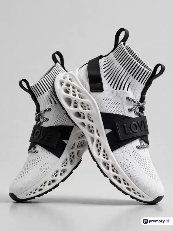 Gambar bergaya fotografi studio komersial minimalis ini menampilkan sepasang sepatu kets futuristik tinggi berwarna putih dan hitam dengan sol berongga artistik, tali bermotif, dan aksen strap bertuliskan LOVE, yang merepresentasikan konsep kata kunci sepatu modern, fashion urban, dan gaya hidup aktif, didominasi oleh warna putih, hitam, dan abu-abu.