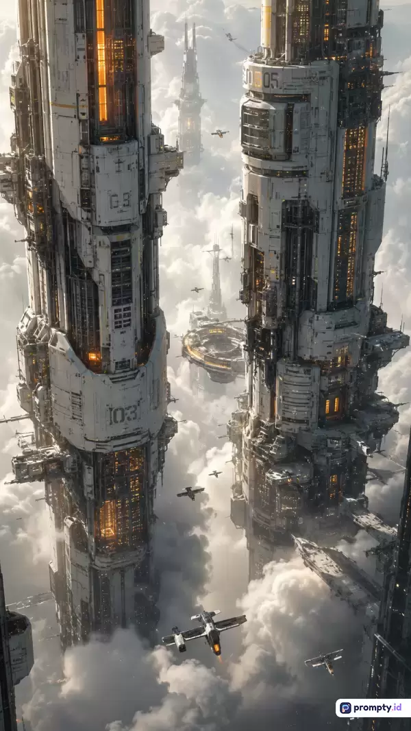 Gambar bergenre fiksi ilmiah digital *concept art* ini menampilkan konten dua menara pencakar langit futuristik raksasa yang menjulang tinggi di atas awan dengan lalu lintas pesawat ruang angkasa, menggunakan palet warna dominan putih, abu-abu, dan jingga hangat, serta kata kunci arsitektur futuristik, kota awan, fiksi ilmiah, teknologi canggih, dan *cyberpunk*.