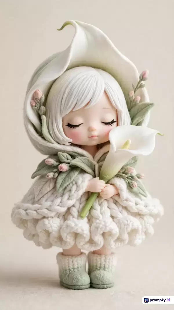 Gambar bergaya seni pahat patung tanah liat 3D yang estetik ini menampilkan konten figur gadis kecil berambut putih berwajah manis memegang bunga lala putih dengan kata kunci boneka, peri bunga, rajutan putih, kelembutan, dan imut, didominasi oleh palet warna putih, hijau salvia, dan krem muda.
