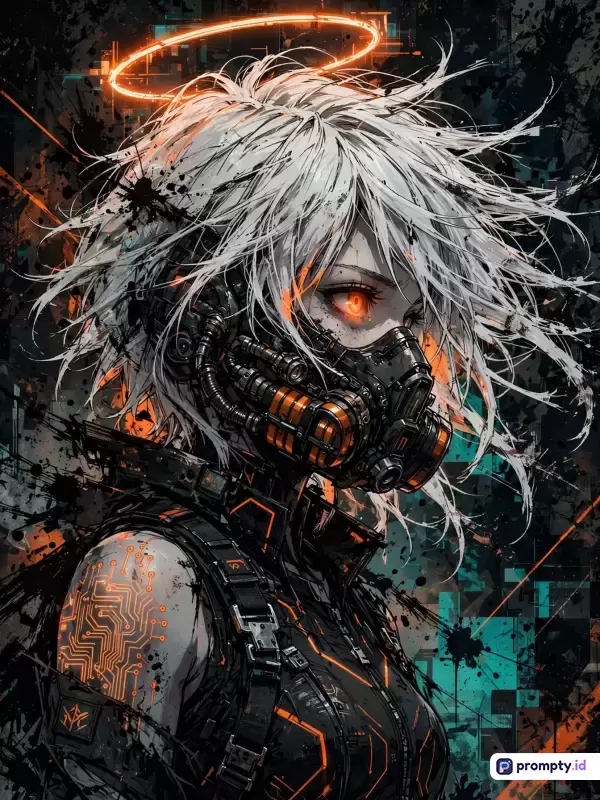 Gambar bergaya ilustrasi anime cyberpunk surealis ini menampilkan konten karakter wanita berambut putih pendek dengan masker gas, lingkaran cahaya menyala, dan tato sirkuit bercahaya, menggunakan kata kunci seperti sci-fi, futuristik, distopia, dan seni digital, serta didominasi oleh warna hitam, oranye terang, dan putih abu-abu.