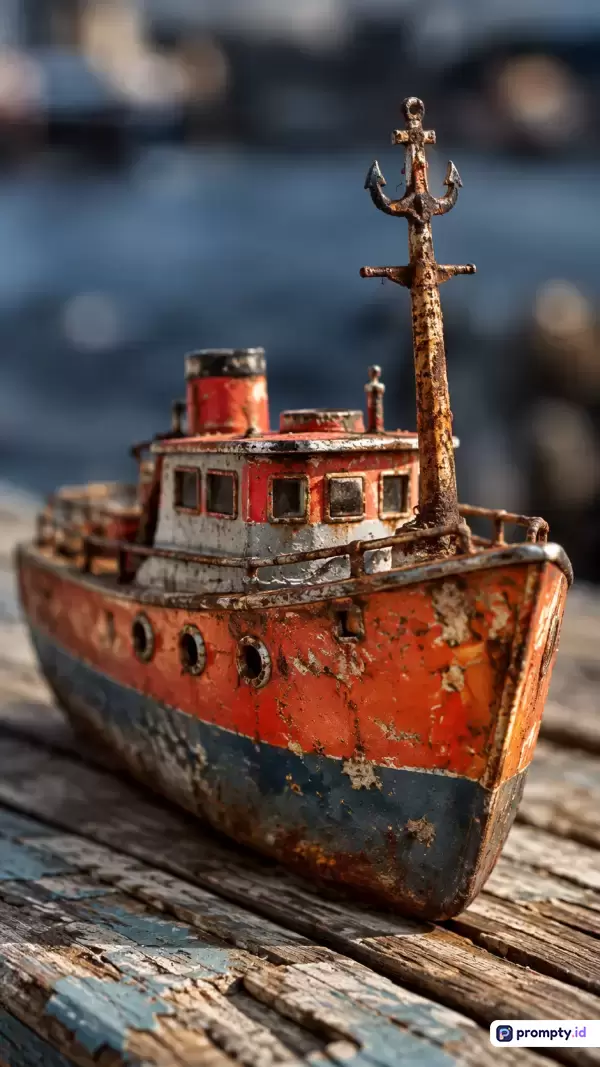 Gambar fotografi makro realistik bergaya vintage ini menampilkan mainan model kapal tunda usang berkarat dengan latar belakang buram, menggunakan palet warna dominan oranye, cokelat, dan biru tua, serta kata kunci miniatur kapal, karat, mainan tua, fotografi makro, dan pelabuhan.