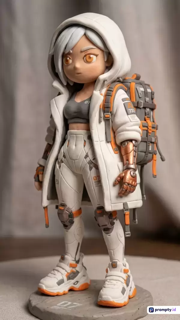 Gambar ini menampilkan figur mainan 3D bergaya *chibi* sci-fi futuristik berkualitas tinggi dari seorang karakter wanita berambut putih berkapusin putih dengan pakaian luar angkasa, ransel besar, tangan robotik tembaga, dan aksen oranye terang di atas latar belakang netral, menggunakan kata kunci seperti mainan 3D, sci-fi, *chibi*, futuristik, robot, dan oranye, dengan tiga warna dominan yaitu putih, abu-abu, dan oranye.