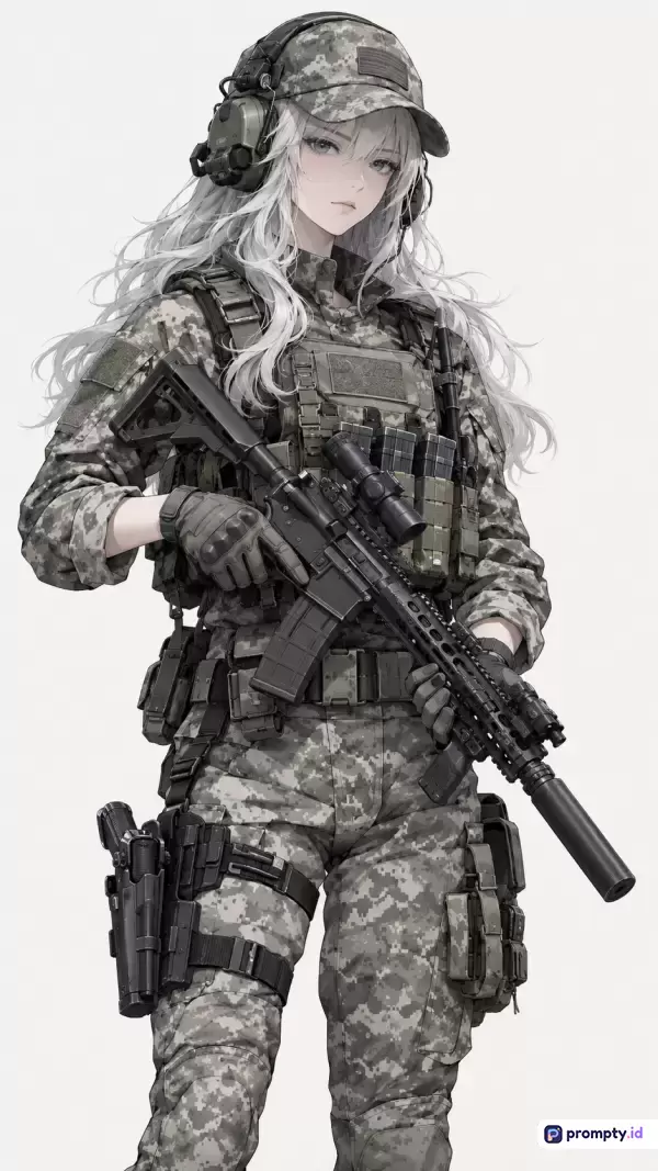 Gambar bergaya anime modern ini menampilkan konten prajurit wanita berambut putih panjang dengan seragam kamuflase digital, headset taktis, dan senapan serbu, yang merepresentasikan kata kunci anime militer, gadis taktis, dan tentara fiksi dalam palet tiga warna dominan yaitu abu-abu, hijau militer, dan putih.
