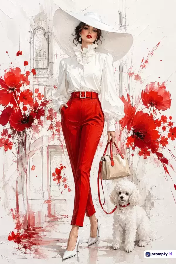 Gambar dengan gaya lukisan cat minyak ekspresif ini menampilkan konten seorang wanita elegan berbusana modis putih-merah, topi lebar, dan anjing pudel, dengan kata kunci fashion, seni, wanita, merah, dan putih, serta tiga warna dominan yaitu putih, merah, dan krem.