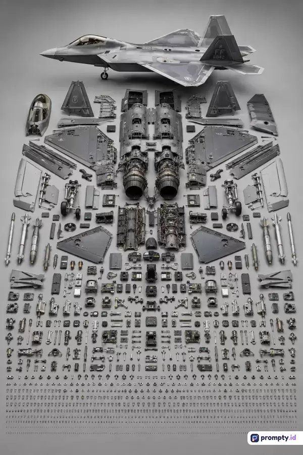 Gambar bergaya fotografi knolling ini menampilkan konten jet tempur F-22 Raptor yang dibongkar secara presisi ke dalam ratusan komponen terstruktur rapi di atas latar belakang abu-abu polos, dengan kata kunci pesawat, militer, knolling, dekonstruksi, teknologi, dan dominasi tiga warna utama yaitu abu-abu tua, abu-abu muda, dan hitam.
