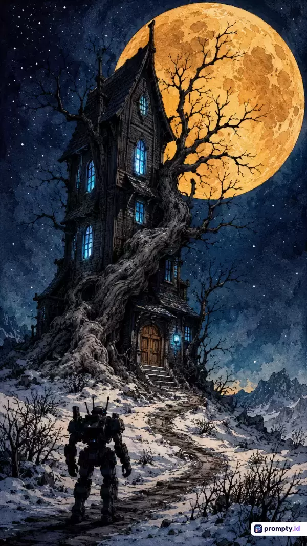 Gambar dengan gaya ilustrasi fantasi gelap ini menampilkan konten rumah kayu tua bertingkat yang dililit pohon besar di bawah bulan purnama raksasa, dengan warna dominan biru malam, kuning jingga, dan abu-abu salju, serta kata kunci: rumah hantu, mech, robot, bulan purnama, musim dingin, salju, fantasi, malam, dan misteri.