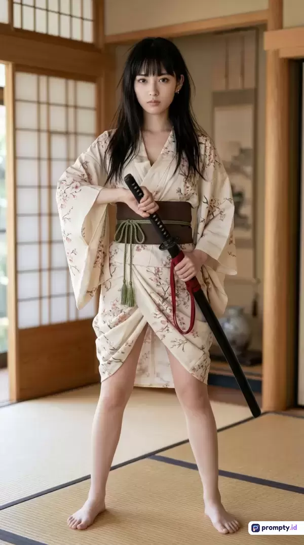 Gambar fotografi potret bergaya sinematik ini menampilkan seorang wanita berambut hitam panjang berdiri tegas di ruangan tradisional Jepang berlantai tatami, mengenakan kimono bermotif bunga sakura dengan obi cokelat sambil memegang pedang katana, yang merepresentasikan kata kunci wanita samurai, budaya tradisional, dan ketegasan, dengan dominasi warna krem, cokelat, dan hitam.