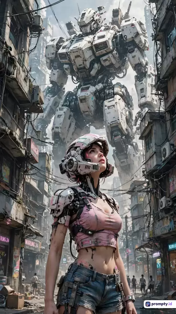 Gambar bergaya fiksi ilmiah cyberpunk beresolusi tinggi ini menampilkan seorang perempuan berciri khas futuristik dengan helm dan atasan merah muda sedang mendongkak menatap robot tempur raksasa putih di antara himpitan gang perkotaan kumuh yang padat kabel, dengan kata kunci robot raksasa, wanita cyberpunk, mecha, distopia, fiksi ilmiah, dan aksi, serta didominasi oleh warna putih, abu-abu, dan merah muda.
