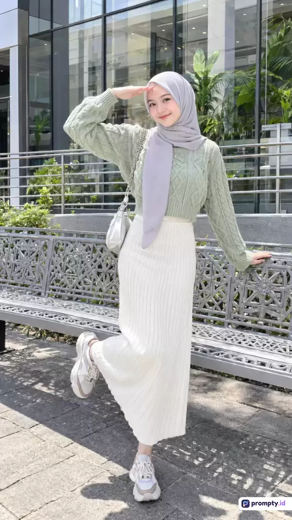 Gambar bergaya kasual dan ceria ini menampilkan seorang wanita berhijab abu-abu, sweater rajut hijau sage, rok putih panjang, dan sepatu kets, berpose playful di depan bangku taman modern dengan tiga warna dominan yaitu hijau sage, putih, dan abu-abu, serta kata kunci: OOTD hijab, gaya kasual, fashion wanita, sweater rajut, rok putih, gaya urban.