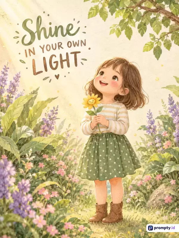 Ilustrasi digital bergaya buku cerita anak yang ceria ini menampilkan seorang gadis kecil tersenyum ceria di antara taman bunga rimbun sambil memegang bunga matahari kecil di bawah sinar matahari hangat, dengan tulisan motivasi SHINE IN YOUR OWN LIGHT, menggunakan kata kunci motivasi, anak, alam, dan bunga, didominasi oleh warna hijau zaitun, kuning lembut, dan cokelat tanah.