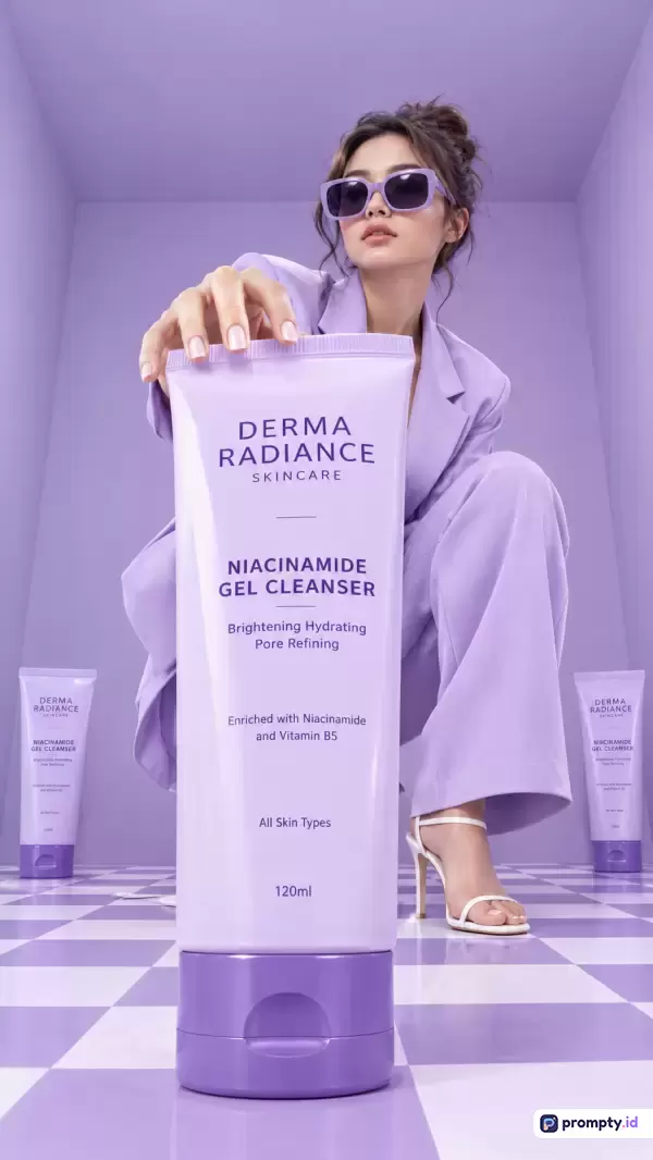 Gambar bergaya komersial modern ini menampilkan seorang model wanita berbusana dan berkacamata ungu yang sedang mempromosikan produk pembersih wajah Derma Radiance Niacinamide Gel Cleanser dalam nuansa warna ungu lavender, putih, dan ungu tua, dengan kata kunci: perawatan kulit, kecantikan, pembersih gel, niacinamide, lavender, dan komersial, di mana tiga warna dominannya adalah ungu lavender, putih, dan ungu tua.
