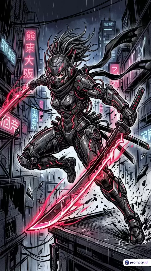 Gambar bergaya komik cyberpunk yang dinamis ini menampilkan seorang ninja wanita futuristik bersenjata katana bercahaya di tengah kota distopia hujan, dengan kata kunci ninja wanita, cyberpunk, fiksi ilmiah, aksi, katana, dan tiga warna dominan yaitu abu-abu tua, hitam, serta merah menyala.
