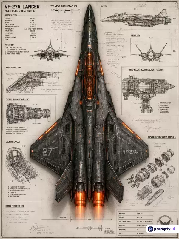 Gambar teknik fiktif bergaya cetak biru (*blueprint*) militer masa depan ini menampilkan skema desain jet tempur VF-27A Lancer beserta spesifikasi, struktur internal, dan tata letak kokpit dengan dominasi warna cokelat tua, abu-abu gelap, dan jingga menyala.