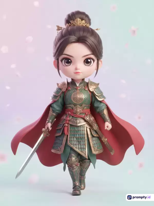 Gambar berstyle digital 3D chibi yang menampilkan konten karakter prajurit wanita Tiongkok berambut sanggul mengenakan baju zirah hijau dan jubah merah sambil memegang pedang dengan latar belakang pastel, memiliki kata kunci karakter chibi, prajurit wanita, baju zirah Tiongkok, jubah merah, fantasi, serta didominasi oleh tiga warna utama yaitu hijau tua, merah muda, dan cokelat keemasan.