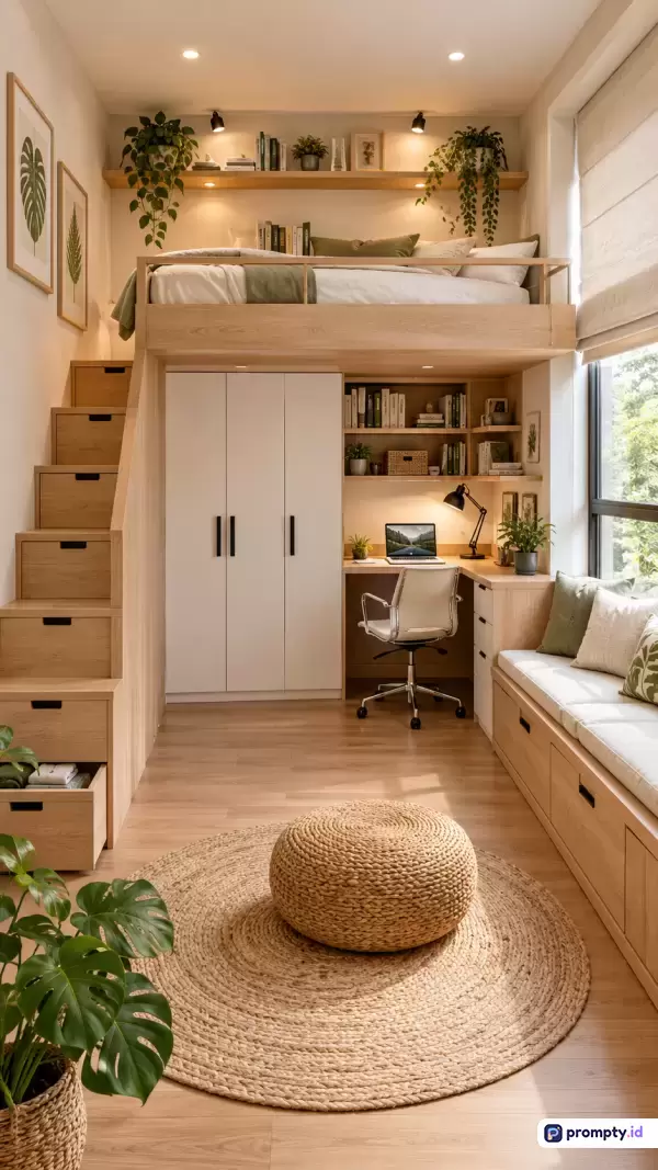 Gambar bergaya fotografi interior minimalis modern ini menampilkan konten kamar tidur kecil yang efisien dengan tempat tidur loteng kayu, meja kerja terpadu, lemari putih, dan rak buku, serta didominasi oleh kata kunci kayu alami, desain hemat ruang, dekorasi hijau, dan estetika cozy, dengan palet tiga warna dominan yaitu cokelat kayu, putih bersih, dan hijau daun, serta disempurnakan oleh pencahayaan hangat yang menciptakan suasana fungsional sekaligus menenangkan.
