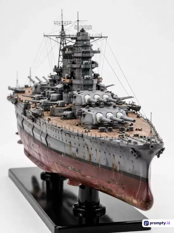 Gambar ini menampilkan gaya fotografi makro yang sangat realistis dan detail dari sebuah diorama miniatur kapal perang militer bersejarah bergaya klasik dengan dominasi warna abu-abu, merah bata, serta cokelat kayu, yang dilengkapi dengan kata kunci miniatur kapal perang, model kit, kapal tempur laut, diorama militer, dan replika skala.
