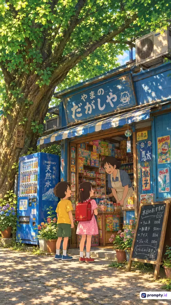 Gambar bergaya anime Ghibli ini menampilkan suasana siang hari yang cerah di depan sebuah toko kelontong pedesaan Jepang klasik yang didominasi warna biru, hijau daun, dan cokelat kayu, dengan konten dua anak kecil sedang berbelanja sambil dilayani penjaga toko di bawah rindangnya pohon besar, serta memiliki kata kunci toko tradisional, anime, nostalgia, musim panas, dan pedesaan Jepang.