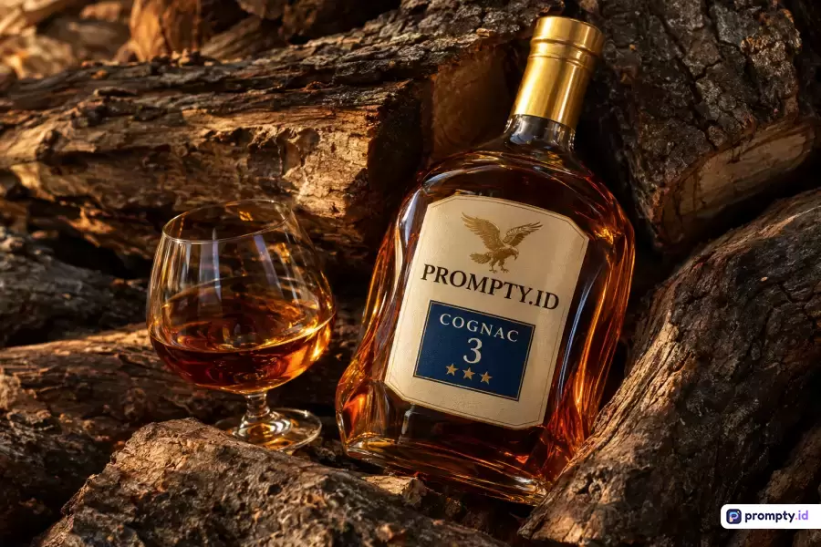 Gambar bergaya fotografi produk komersial yang menampilkan konten sebotol cognac merek PROMPTY.ID dan gelas berisi minuman beralkohol di antara tumpukan kayu bakar alami, dengan kata kunci kemewahan, minuman keras, alam, elegan, dan pedesaan, serta didominasi oleh warna cokelat tua, emas, dan amber.