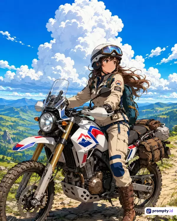 Gambar bergaya anime digital ini menampilkan seorang gadis berambut cokib yang mengendarai motor trail putih dengan aksen merah dan biru di jalan berbatu pegunungan di bawah langit biru cerah dengan awan kumulus besar, dengan kata kunci petualangan, motor cross, touring, anime, alam, dan warna dominan biru langit, putih, serta cokelat khaki.